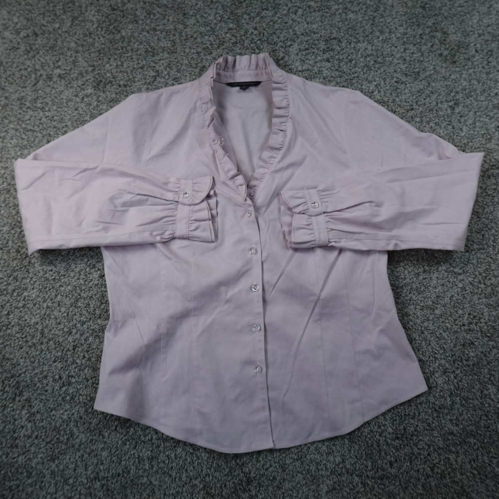 Brooks Brothers Shirt Womens 14 Purple Ruffle V Neck Button Up Blouse Dress Top